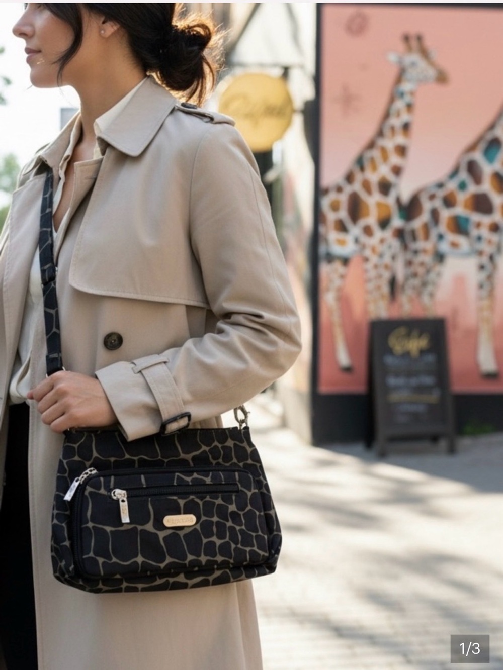 Baggallini Giraffe print multi zipper bag